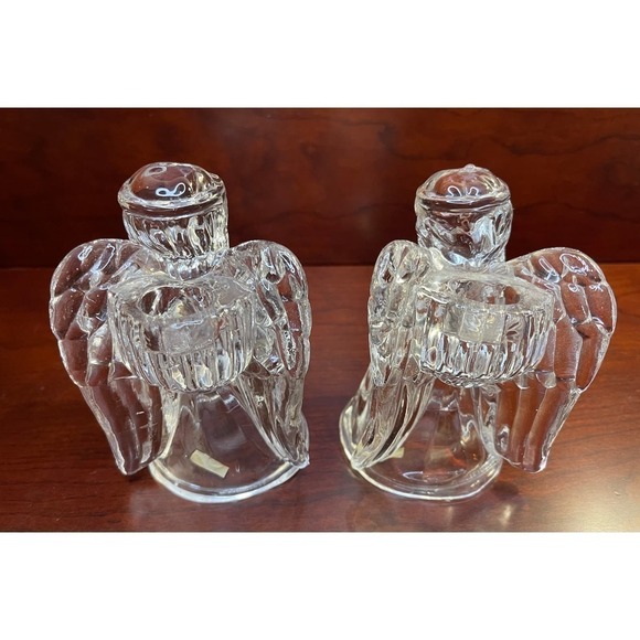 Madison Avenue Set Of 2- Glass Angels  5" with Instruments Candle Holders Heavy - Picture 4 of 7